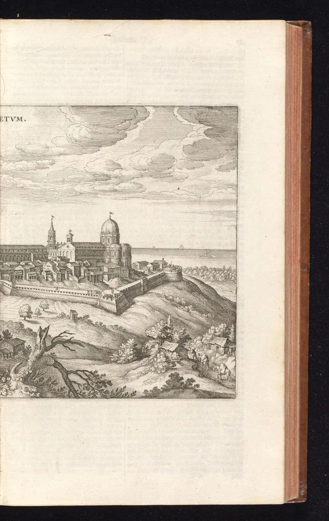 An illustration from Topographia Italiæ : das ist, warhaffte und curiöse Beschreibung von gantz Italien, ... deme beygefügt eine kurtze und aussführliche Beschreibung derer im Königreich Morea befinden vornehmsten Städte und Plätze ... alles auss denem bewährtesten, alten und neuen Scribenten, mit netten Kupffer-Abbildungen aller hauptsächlichsten Städte, Fürstl. und anderer Palläste wie auch accuraten und künstlichen Land-Karten aussgefertiget und zumersten mal heraus gegeben : nebst einem vollständigen Register, 1688, leaf 96