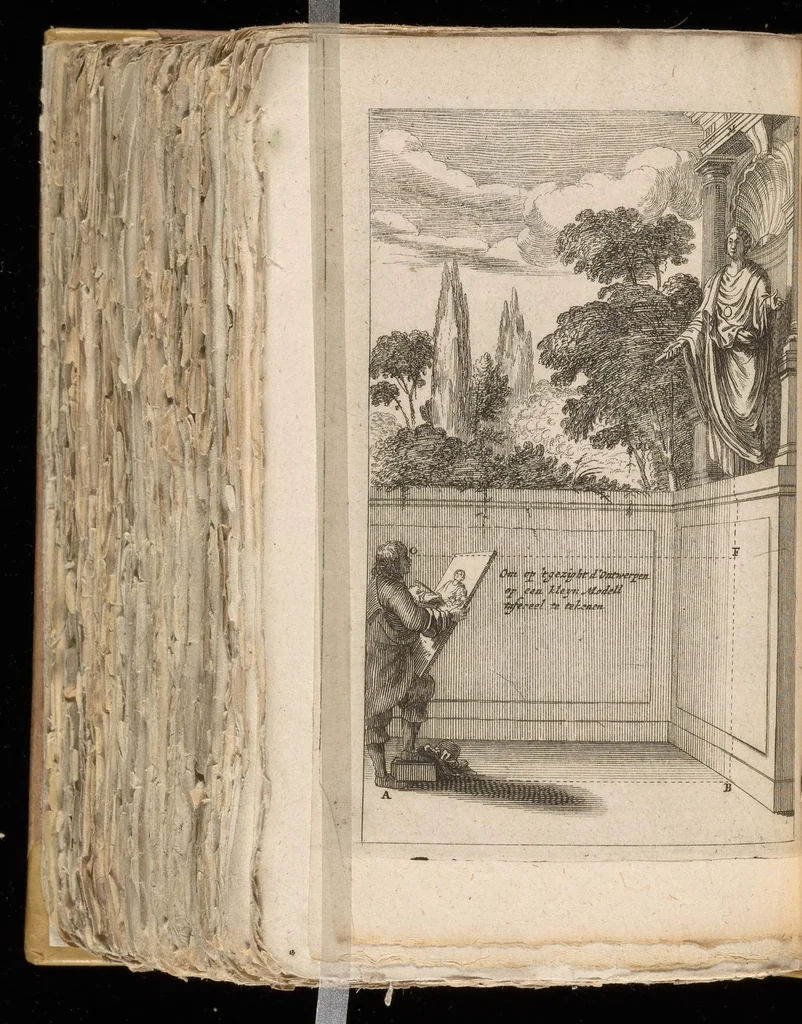 An illustration from Algemeen middel tot de practijck der doorzight-kunde op tafereelen : of regel-lose buytengedaenten : mitsgaders eenige bezonderheden, nopende dees kunst, en die der plaet-snijdingh, 1664, leaf 45