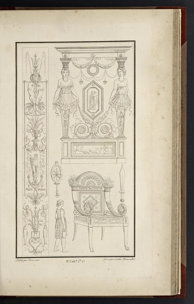 An illustration from Fragmens d'architecture, sculpture et peinture, dans le style antique : ouvrage dans lequel on trouvera toutes sortes de détails relatifs à la décoration intérieure et extérieure des édifices : composés ou recueillis, et gravés au trait, 1804, leaf 100