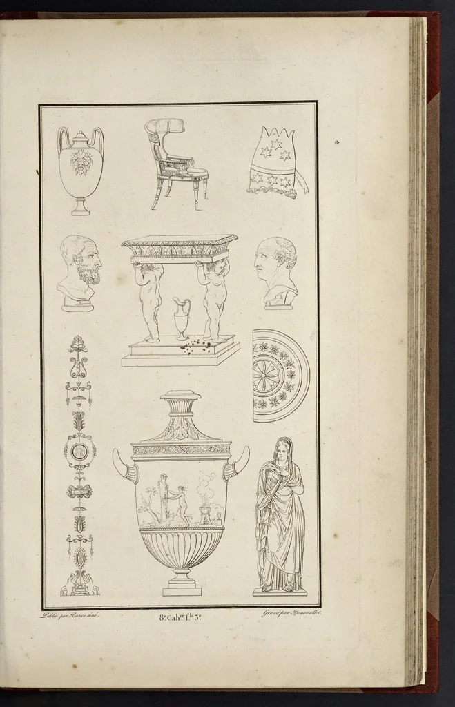 An illustration from Fragmens d'architecture, sculpture et peinture, dans le style antique : ouvrage dans lequel on trouvera toutes sortes de détails relatifs à la décoration intérieure et extérieure des édifices : composés ou recueillis, et gravés au trait, 1804, leaf 102