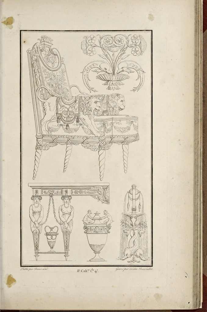 An illustration from Fragmens d'architecture, sculpture et peinture, dans le style antique : ouvrage dans lequel on trouvera toutes sortes de détails relatifs à la décoration intérieure et extérieure des édifices : composés ou recueillis, et gravés au trait, 1804, leaf 104