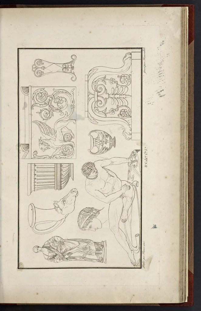 An illustration from Fragmens d'architecture, sculpture et peinture, dans le style antique : ouvrage dans lequel on trouvera toutes sortes de détails relatifs à la décoration intérieure et extérieure des édifices : composés ou recueillis, et gravés au trait, 1804, leaf 106