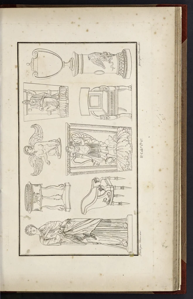 An illustration from Fragmens d'architecture, sculpture et peinture, dans le style antique : ouvrage dans lequel on trouvera toutes sortes de détails relatifs à la décoration intérieure et extérieure des édifices : composés ou recueillis, et gravés au trait, 1804, leaf 108