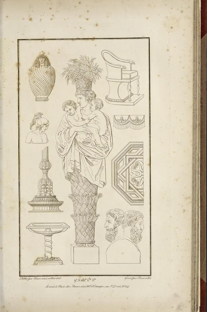 An illustration from Fragmens d'architecture, sculpture et peinture, dans le style antique : ouvrage dans lequel on trouvera toutes sortes de détails relatifs à la décoration intérieure et extérieure des édifices : composés ou recueillis, et gravés au trait, 1804, leaf 110