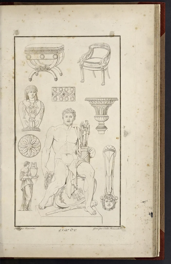 An illustration from Fragmens d'architecture, sculpture et peinture, dans le style antique : ouvrage dans lequel on trouvera toutes sortes de détails relatifs à la décoration intérieure et extérieure des édifices : composés ou recueillis, et gravés au trait, 1804, leaf 112