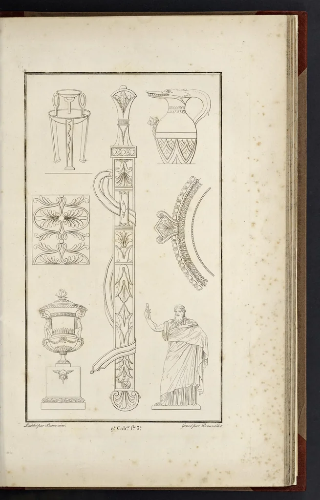 An illustration from Fragmens d'architecture, sculpture et peinture, dans le style antique : ouvrage dans lequel on trouvera toutes sortes de détails relatifs à la décoration intérieure et extérieure des édifices : composés ou recueillis, et gravés au trait, 1804, leaf 114