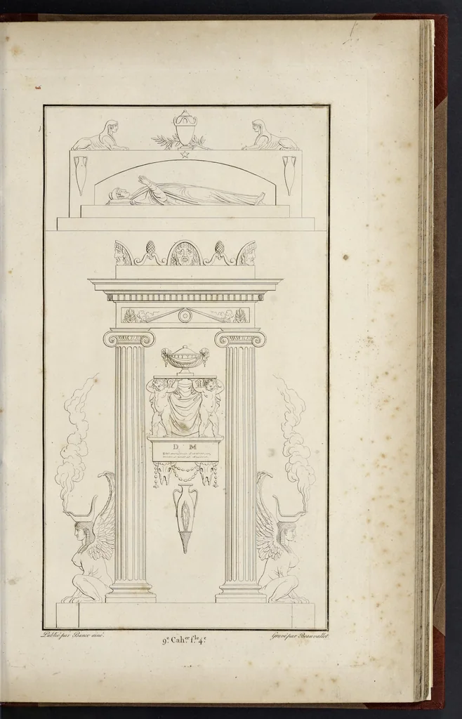 An illustration from Fragmens d'architecture, sculpture et peinture, dans le style antique : ouvrage dans lequel on trouvera toutes sortes de détails relatifs à la décoration intérieure et extérieure des édifices : composés ou recueillis, et gravés au trait, 1804, leaf 116
