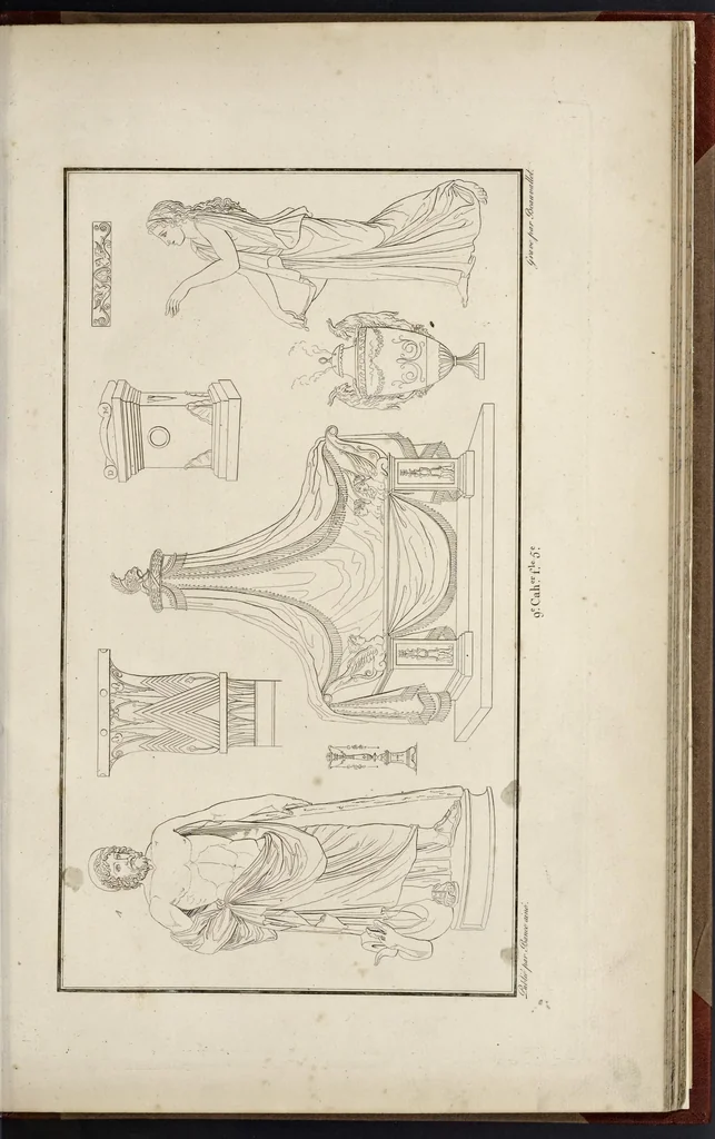 An illustration from Fragmens d'architecture, sculpture et peinture, dans le style antique : ouvrage dans lequel on trouvera toutes sortes de détails relatifs à la décoration intérieure et extérieure des édifices : composés ou recueillis, et gravés au trait, 1804, leaf 118