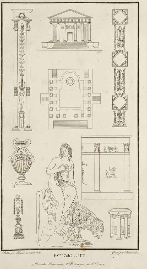 An illustration from Fragmens d'architecture, sculpture et peinture, dans le style antique : ouvrage dans lequel on trouvera toutes sortes de détails relatifs à la décoration intérieure et extérieure des édifices : composés ou recueillis, et gravés au trait, 1804, leaf 122