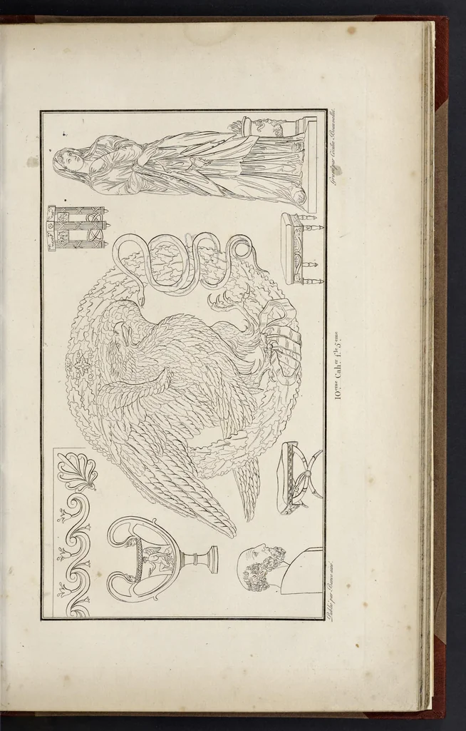 An illustration from Fragmens d'architecture, sculpture et peinture, dans le style antique : ouvrage dans lequel on trouvera toutes sortes de détails relatifs à la décoration intérieure et extérieure des édifices : composés ou recueillis, et gravés au trait, 1804, leaf 130