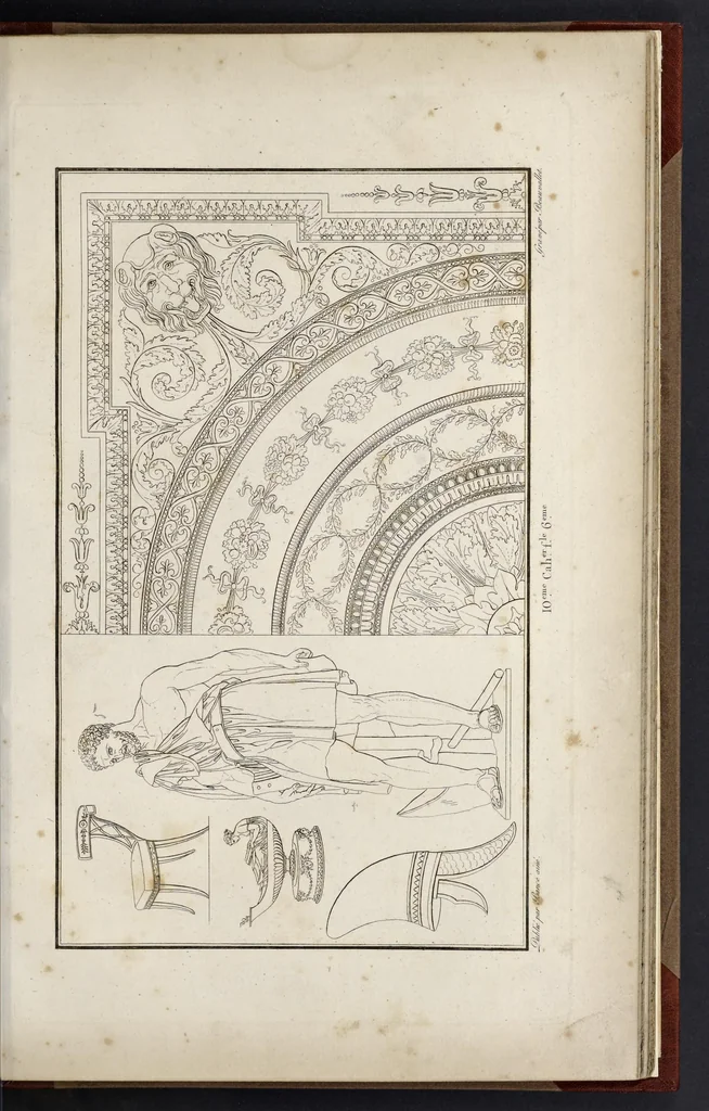 An illustration from Fragmens d'architecture, sculpture et peinture, dans le style antique : ouvrage dans lequel on trouvera toutes sortes de détails relatifs à la décoration intérieure et extérieure des édifices : composés ou recueillis, et gravés au trait, 1804, leaf 132