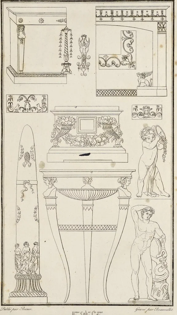 An illustration from Fragmens d'architecture, sculpture et peinture, dans le style antique : ouvrage dans lequel on trouvera toutes sortes de détails relatifs à la décoration intérieure et extérieure des édifices : composés ou recueillis, et gravés au trait, 1804, leaf 136
