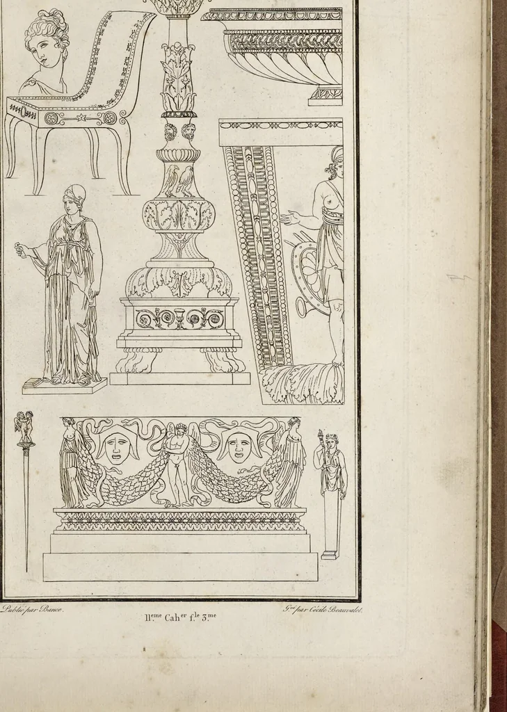 An illustration from Fragmens d'architecture, sculpture et peinture, dans le style antique : ouvrage dans lequel on trouvera toutes sortes de détails relatifs à la décoration intérieure et extérieure des édifices : composés ou recueillis, et gravés au trait, 1804, leaf 138