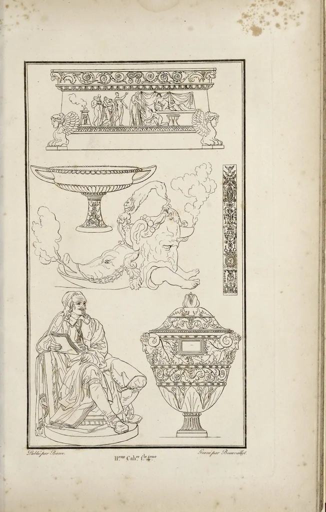 An illustration from Fragmens d'architecture, sculpture et peinture, dans le style antique : ouvrage dans lequel on trouvera toutes sortes de détails relatifs à la décoration intérieure et extérieure des édifices : composés ou recueillis, et gravés au trait, 1804, leaf 140