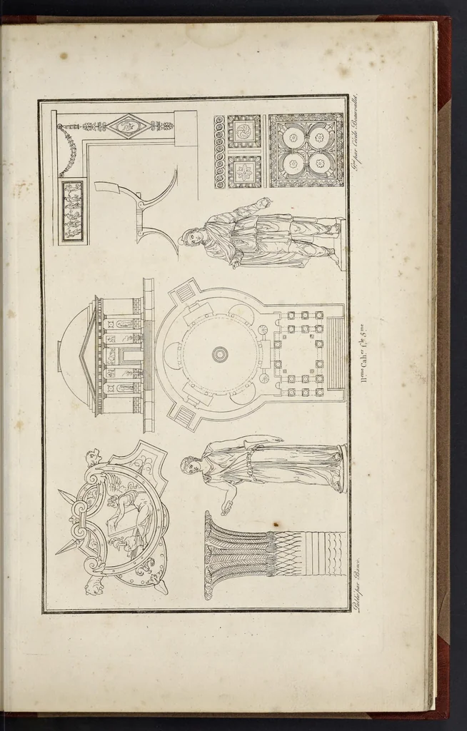 An illustration from Fragmens d'architecture, sculpture et peinture, dans le style antique : ouvrage dans lequel on trouvera toutes sortes de détails relatifs à la décoration intérieure et extérieure des édifices : composés ou recueillis, et gravés au trait, 1804, leaf 142