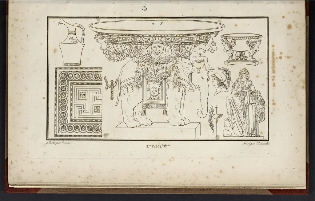 An illustration from Fragmens d'architecture, sculpture et peinture, dans le style antique : ouvrage dans lequel on trouvera toutes sortes de détails relatifs à la décoration intérieure et extérieure des édifices : composés ou recueillis, et gravés au trait, 1804, leaf 144