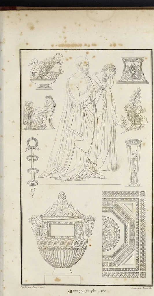 An illustration from Fragmens d'architecture, sculpture et peinture, dans le style antique : ouvrage dans lequel on trouvera toutes sortes de détails relatifs à la décoration intérieure et extérieure des édifices : composés ou recueillis, et gravés au trait, 1804, leaf 148