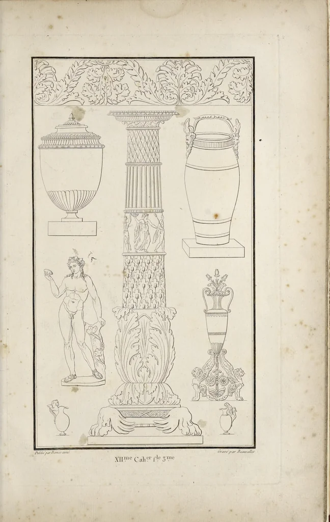 An illustration from Fragmens d'architecture, sculpture et peinture, dans le style antique : ouvrage dans lequel on trouvera toutes sortes de détails relatifs à la décoration intérieure et extérieure des édifices : composés ou recueillis, et gravés au trait, 1804, leaf 150