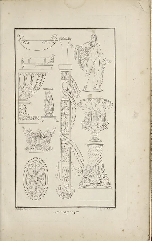 An illustration from Fragmens d'architecture, sculpture et peinture, dans le style antique : ouvrage dans lequel on trouvera toutes sortes de détails relatifs à la décoration intérieure et extérieure des édifices : composés ou recueillis, et gravés au trait, 1804, leaf 152