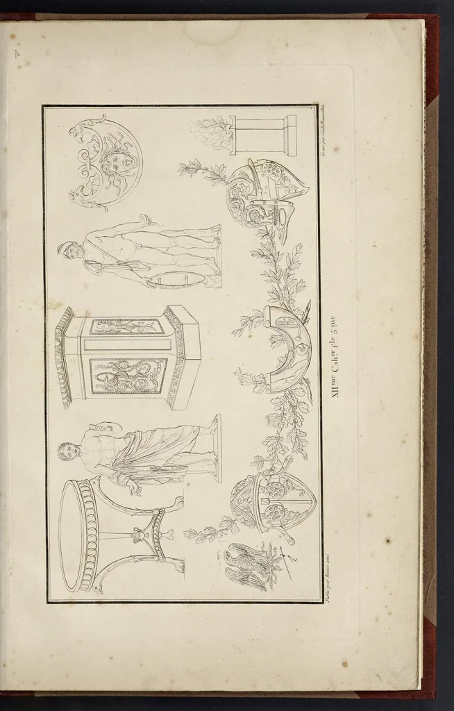 An illustration from Fragmens d'architecture, sculpture et peinture, dans le style antique : ouvrage dans lequel on trouvera toutes sortes de détails relatifs à la décoration intérieure et extérieure des édifices : composés ou recueillis, et gravés au trait, 1804, leaf 154