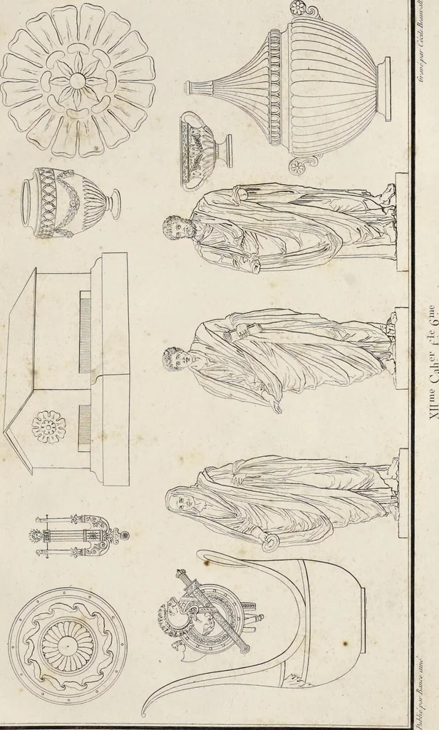An illustration from Fragmens d'architecture, sculpture et peinture, dans le style antique : ouvrage dans lequel on trouvera toutes sortes de détails relatifs à la décoration intérieure et extérieure des édifices : composés ou recueillis, et gravés au trait, 1804, leaf 156