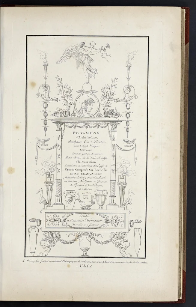 An illustration from Fragmens d'architecture, sculpture et peinture, dans le style antique : ouvrage dans lequel on trouvera toutes sortes de détails relatifs à la décoration intérieure et extérieure des édifices : composés ou recueillis, et gravés au trait, 1804, leaf 16