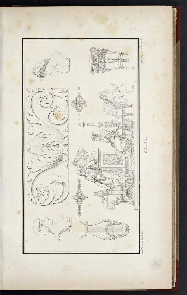 An illustration from Fragmens d'architecture, sculpture et peinture, dans le style antique : ouvrage dans lequel on trouvera toutes sortes de détails relatifs à la décoration intérieure et extérieure des édifices : composés ou recueillis, et gravés au trait, 1804, leaf 20