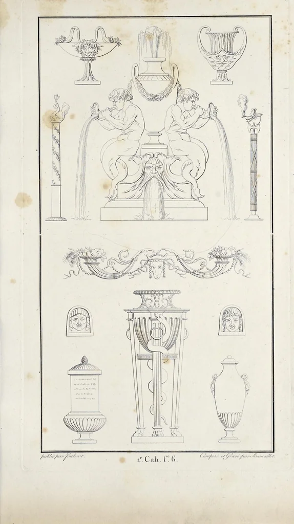An illustration from Fragmens d'architecture, sculpture et peinture, dans le style antique : ouvrage dans lequel on trouvera toutes sortes de détails relatifs à la décoration intérieure et extérieure des édifices : composés ou recueillis, et gravés au trait, 1804, leaf 24
