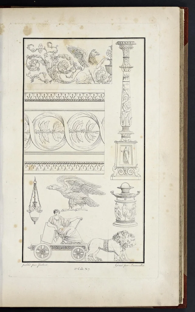 An illustration from Fragmens d'architecture, sculpture et peinture, dans le style antique : ouvrage dans lequel on trouvera toutes sortes de détails relatifs à la décoration intérieure et extérieure des édifices : composés ou recueillis, et gravés au trait, 1804, leaf 26