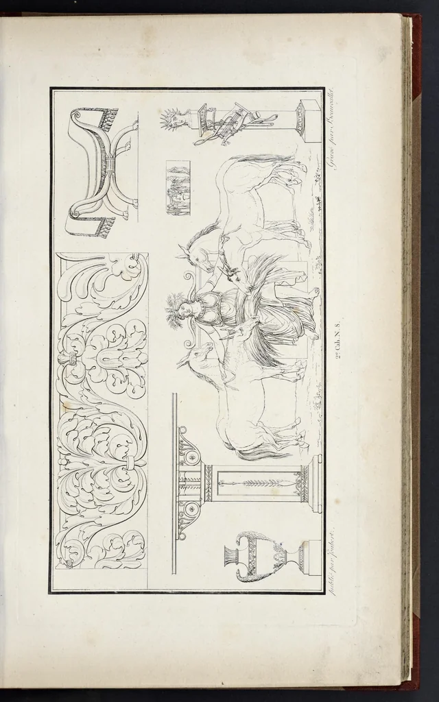 An illustration from Fragmens d'architecture, sculpture et peinture, dans le style antique : ouvrage dans lequel on trouvera toutes sortes de détails relatifs à la décoration intérieure et extérieure des édifices : composés ou recueillis, et gravés au trait, 1804, leaf 28