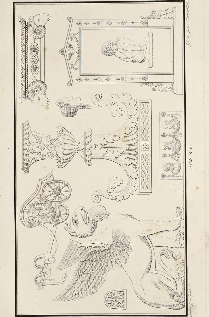 An illustration from Fragmens d'architecture, sculpture et peinture, dans le style antique : ouvrage dans lequel on trouvera toutes sortes de détails relatifs à la décoration intérieure et extérieure des édifices : composés ou recueillis, et gravés au trait, 1804, leaf 34