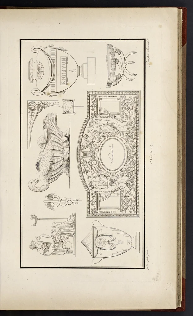 An illustration from Fragmens d'architecture, sculpture et peinture, dans le style antique : ouvrage dans lequel on trouvera toutes sortes de détails relatifs à la décoration intérieure et extérieure des édifices : composés ou recueillis, et gravés au trait, 1804, leaf 40
