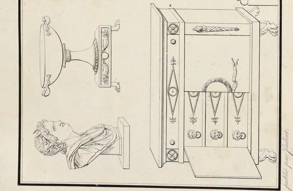 An illustration from Fragmens d'architecture, sculpture et peinture, dans le style antique : ouvrage dans lequel on trouvera toutes sortes de détails relatifs à la décoration intérieure et extérieure des édifices : composés ou recueillis, et gravés au trait, 1804, leaf 44