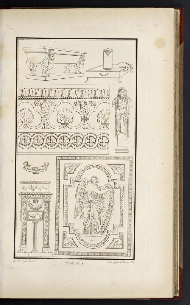An illustration from Fragmens d'architecture, sculpture et peinture, dans le style antique : ouvrage dans lequel on trouvera toutes sortes de détails relatifs à la décoration intérieure et extérieure des édifices : composés ou recueillis, et gravés au trait, 1804, leaf 46