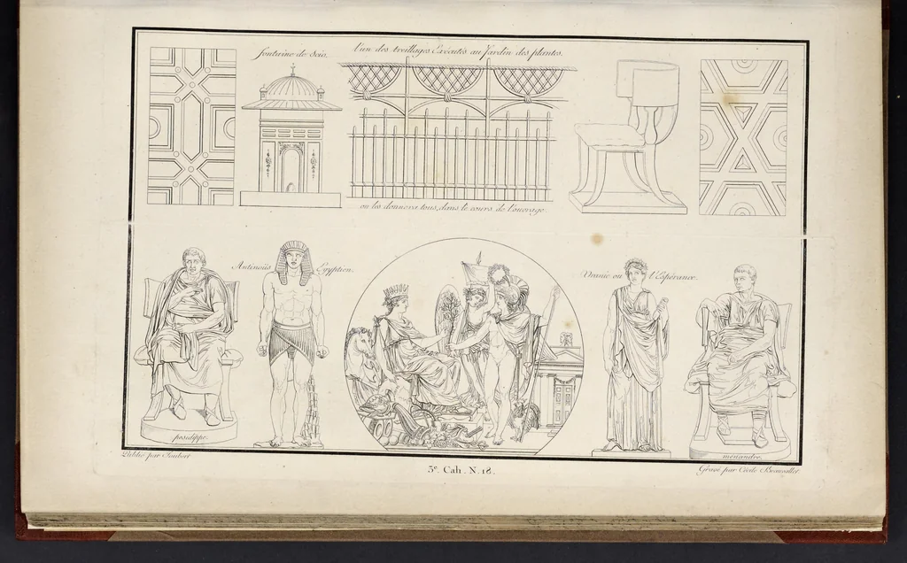 An illustration from Fragmens d'architecture, sculpture et peinture, dans le style antique : ouvrage dans lequel on trouvera toutes sortes de détails relatifs à la décoration intérieure et extérieure des édifices : composés ou recueillis, et gravés au trait, 1804, leaf 48