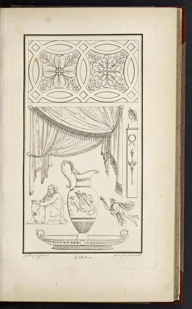 An illustration from Fragmens d'architecture, sculpture et peinture, dans le style antique : ouvrage dans lequel on trouvera toutes sortes de détails relatifs à la décoration intérieure et extérieure des édifices : composés ou recueillis, et gravés au trait, 1804, leaf 54
