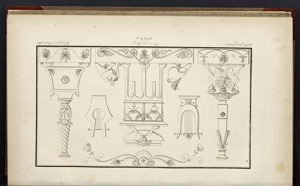 An illustration from Fragmens d'architecture, sculpture et peinture, dans le style antique : ouvrage dans lequel on trouvera toutes sortes de détails relatifs à la décoration intérieure et extérieure des édifices : composés ou recueillis, et gravés au trait, 1804, leaf 56