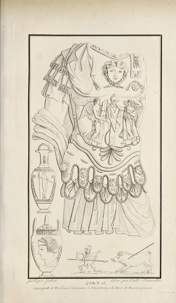 An illustration from Fragmens d'architecture, sculpture et peinture, dans le style antique : ouvrage dans lequel on trouvera toutes sortes de détails relatifs à la décoration intérieure et extérieure des édifices : composés ou recueillis, et gravés au trait, 1804, leaf 58