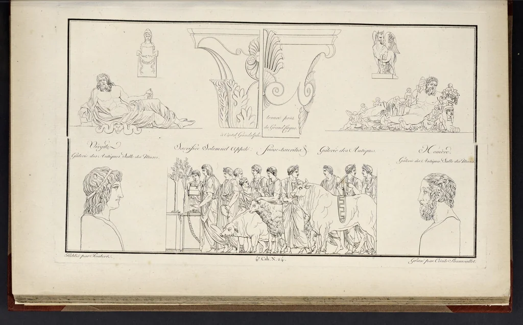 An illustration from Fragmens d'architecture, sculpture et peinture, dans le style antique : ouvrage dans lequel on trouvera toutes sortes de détails relatifs à la décoration intérieure et extérieure des édifices : composés ou recueillis, et gravés au trait, 1804, leaf 60