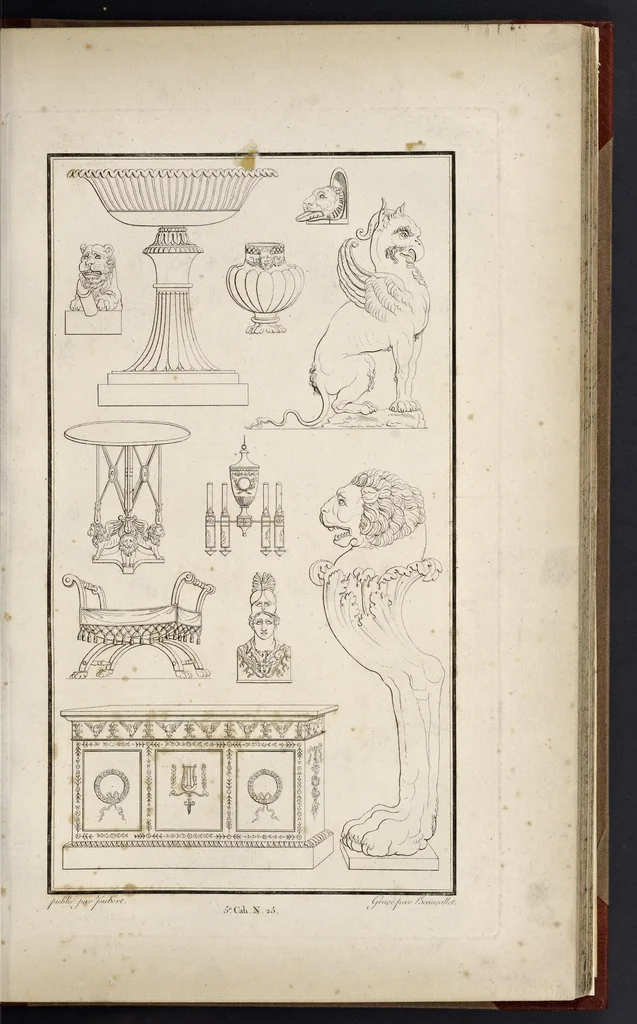 An illustration from Fragmens d'architecture, sculpture et peinture, dans le style antique : ouvrage dans lequel on trouvera toutes sortes de détails relatifs à la décoration intérieure et extérieure des édifices : composés ou recueillis, et gravés au trait, 1804, leaf 62