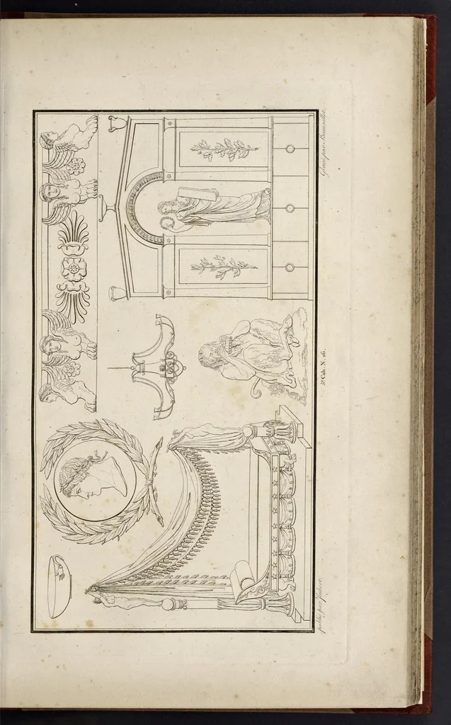 An illustration from Fragmens d'architecture, sculpture et peinture, dans le style antique : ouvrage dans lequel on trouvera toutes sortes de détails relatifs à la décoration intérieure et extérieure des édifices : composés ou recueillis, et gravés au trait, 1804, leaf 64
