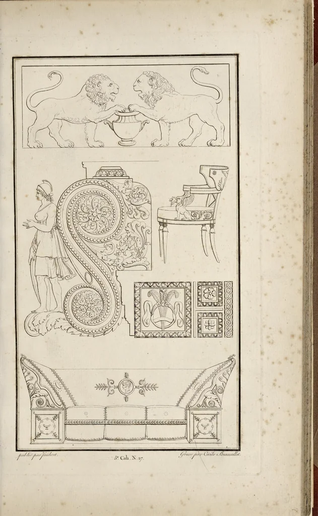 An illustration from Fragmens d'architecture, sculpture et peinture, dans le style antique : ouvrage dans lequel on trouvera toutes sortes de détails relatifs à la décoration intérieure et extérieure des édifices : composés ou recueillis, et gravés au trait, 1804, leaf 66