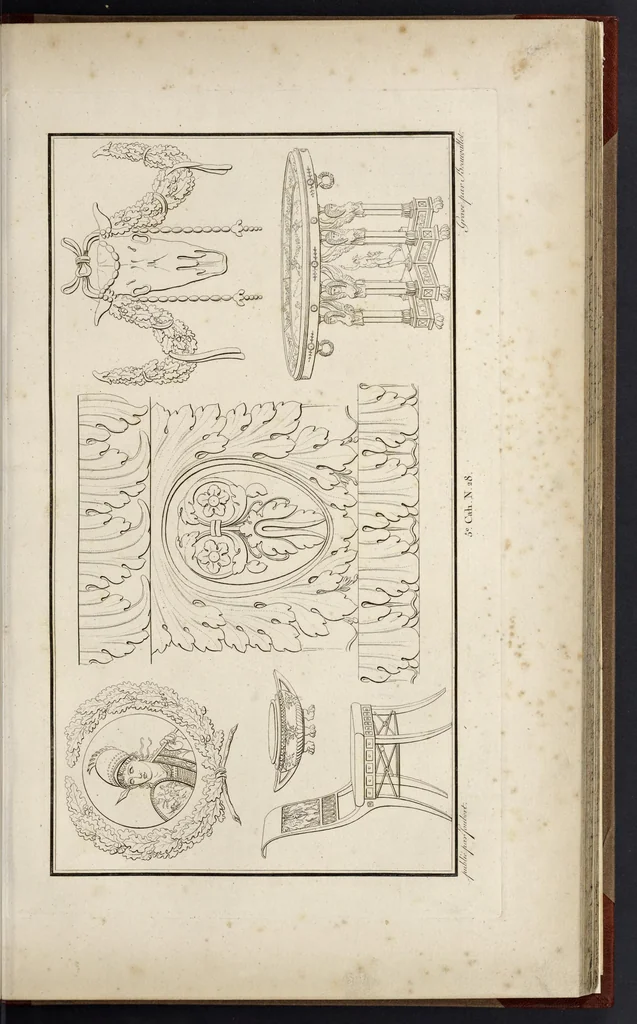 An illustration from Fragmens d'architecture, sculpture et peinture, dans le style antique : ouvrage dans lequel on trouvera toutes sortes de détails relatifs à la décoration intérieure et extérieure des édifices : composés ou recueillis, et gravés au trait, 1804, leaf 68