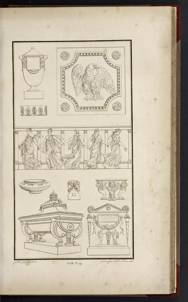 An illustration from Fragmens d'architecture, sculpture et peinture, dans le style antique : ouvrage dans lequel on trouvera toutes sortes de détails relatifs à la décoration intérieure et extérieure des édifices : composés ou recueillis, et gravés au trait, 1804, leaf 70