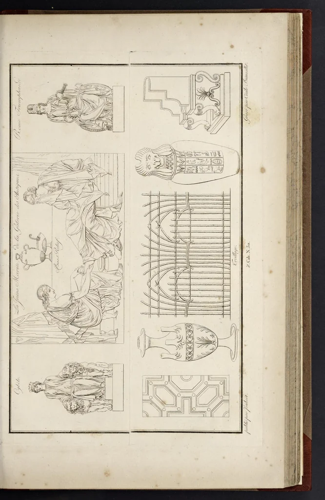 An illustration from Fragmens d'architecture, sculpture et peinture, dans le style antique : ouvrage dans lequel on trouvera toutes sortes de détails relatifs à la décoration intérieure et extérieure des édifices : composés ou recueillis, et gravés au trait, 1804, leaf 72