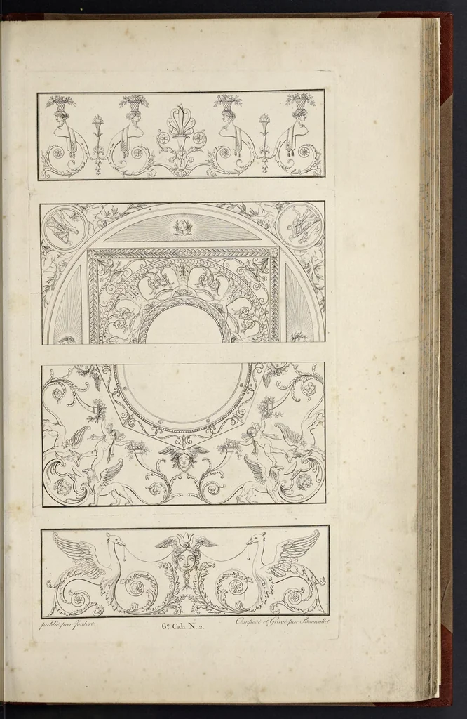 An illustration from Fragmens d'architecture, sculpture et peinture, dans le style antique : ouvrage dans lequel on trouvera toutes sortes de détails relatifs à la décoration intérieure et extérieure des édifices : composés ou recueillis, et gravés au trait, 1804, leaf 76
