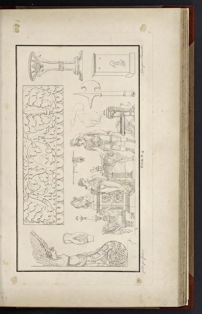 An illustration from Fragmens d'architecture, sculpture et peinture, dans le style antique : ouvrage dans lequel on trouvera toutes sortes de détails relatifs à la décoration intérieure et extérieure des édifices : composés ou recueillis, et gravés au trait, 1804, leaf 80