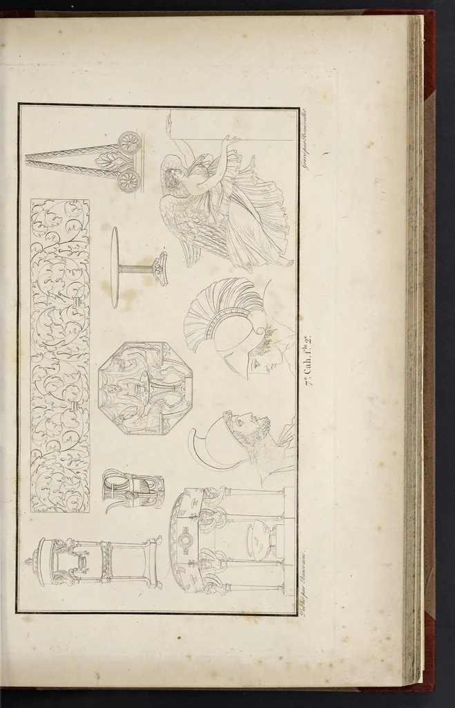 An illustration from Fragmens d'architecture, sculpture et peinture, dans le style antique : ouvrage dans lequel on trouvera toutes sortes de détails relatifs à la décoration intérieure et extérieure des édifices : composés ou recueillis, et gravés au trait, 1804, leaf 88