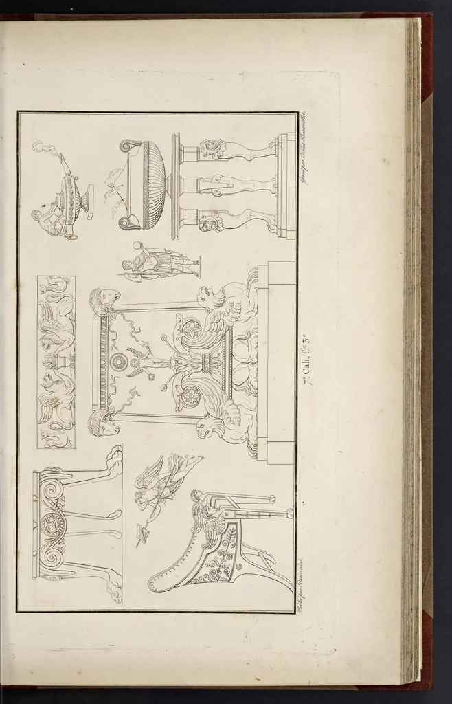 An illustration from Fragmens d'architecture, sculpture et peinture, dans le style antique : ouvrage dans lequel on trouvera toutes sortes de détails relatifs à la décoration intérieure et extérieure des édifices : composés ou recueillis, et gravés au trait, 1804, leaf 90