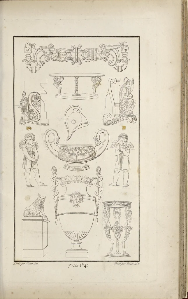 An illustration from Fragmens d'architecture, sculpture et peinture, dans le style antique : ouvrage dans lequel on trouvera toutes sortes de détails relatifs à la décoration intérieure et extérieure des édifices : composés ou recueillis, et gravés au trait, 1804, leaf 92